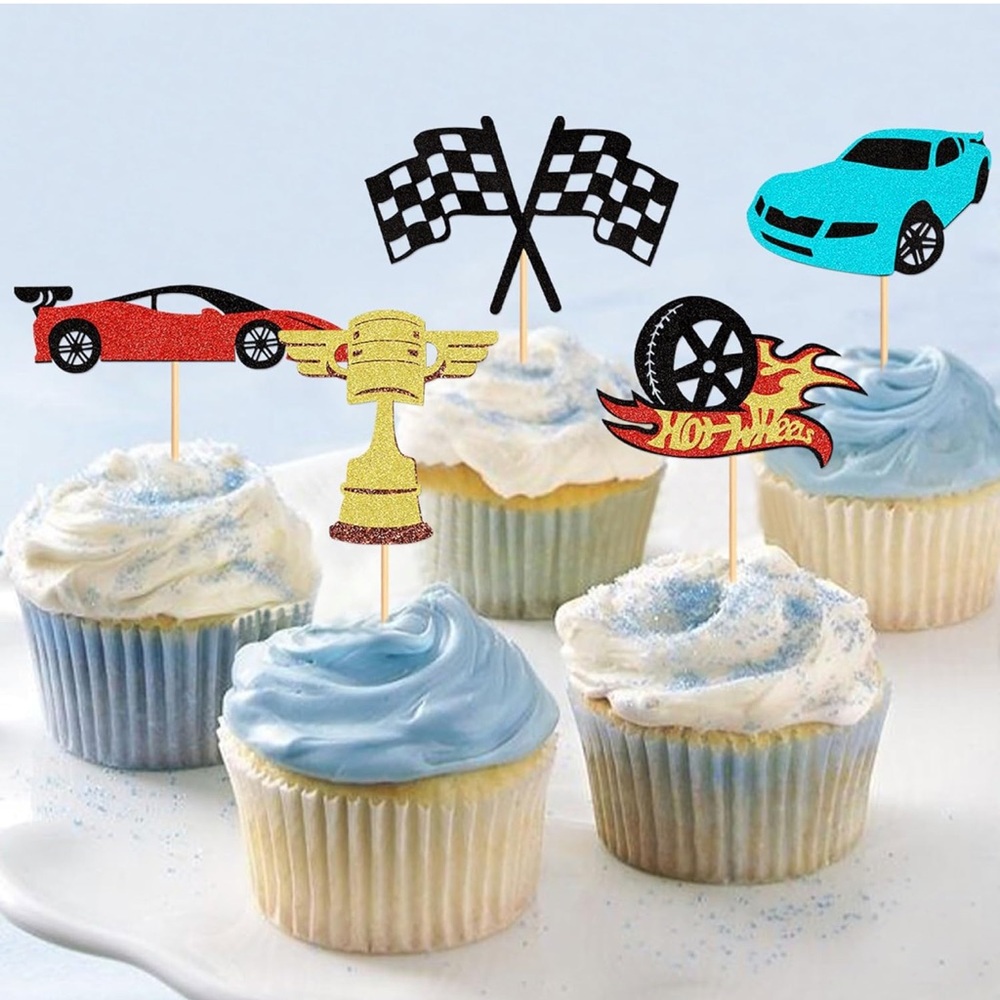 12 piece hot wheels Race Car Cupcake Toppers Glitter Trophy Flag Hot Wheels